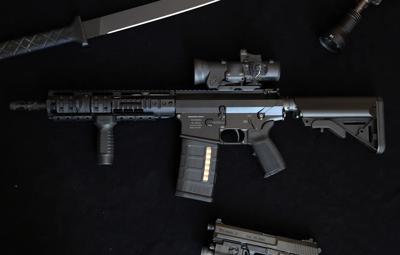 Фото обои пистолет, оружие, нож, фонарик, Автоматическая винтовка, DMR, ОА-10
