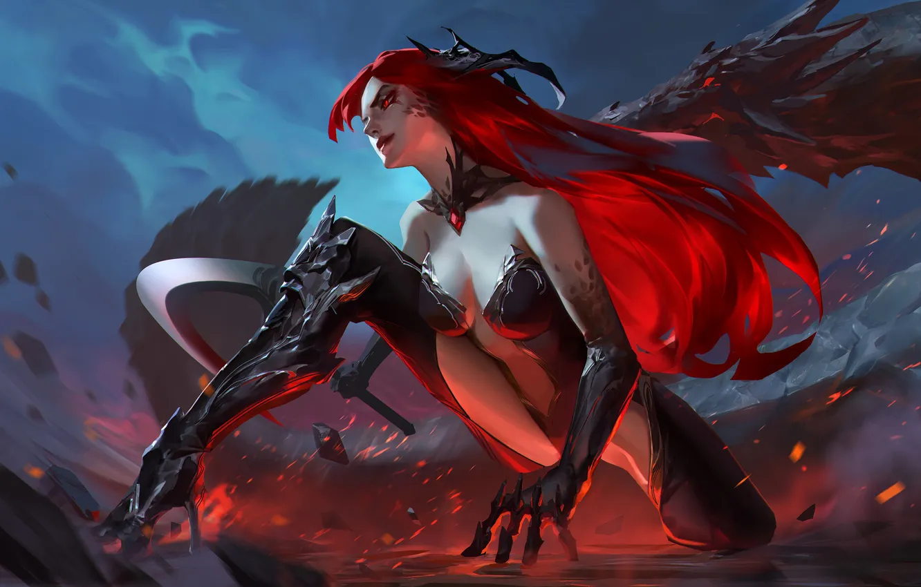Фото обои girl, fantasy, armor, legs, weapon, night, red eyes, redhead