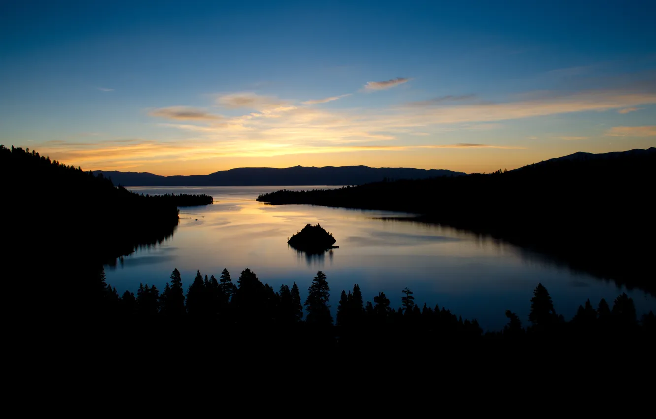Фото обои лес, горы, рассвет, утро, США, california, sunrise, lake tahoe