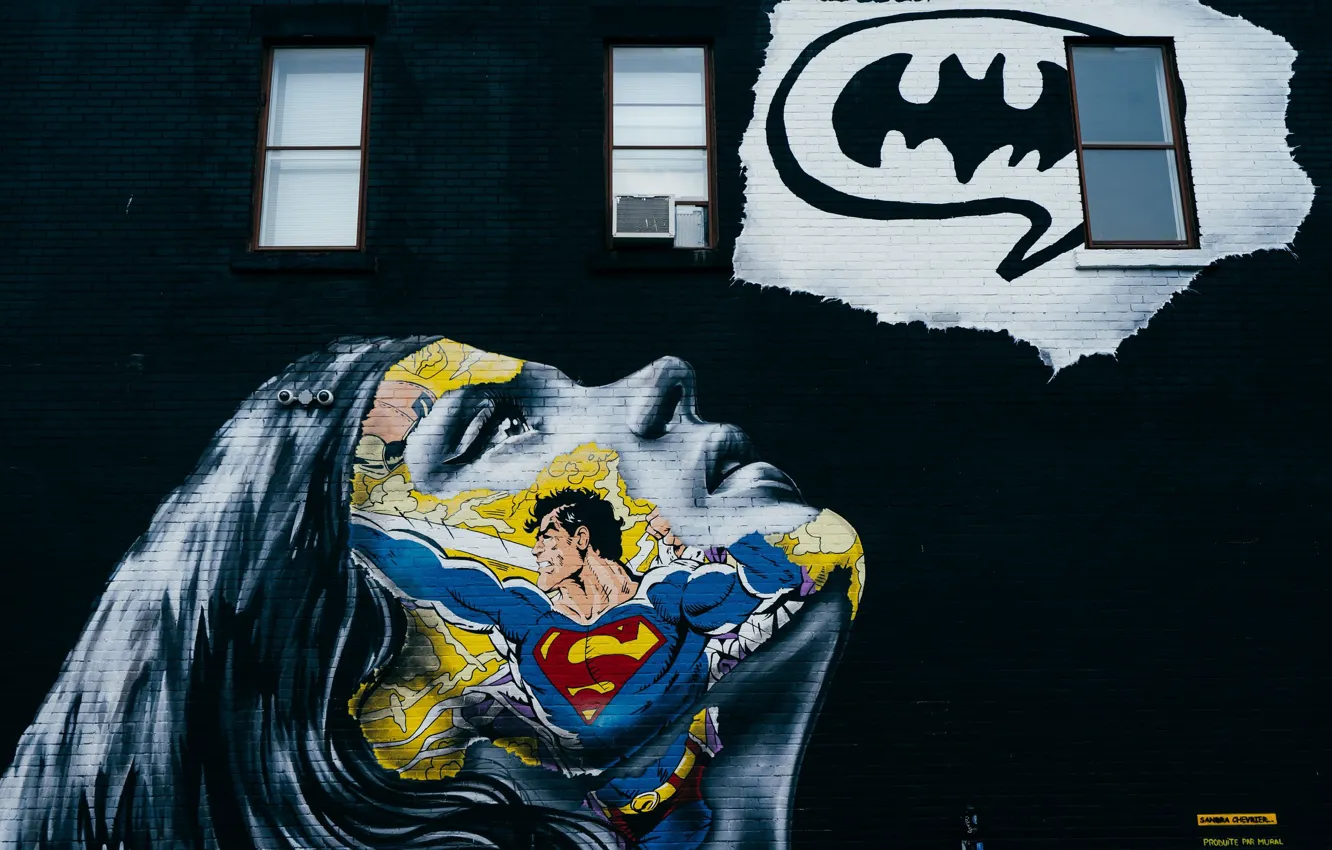 Фото обои девушка, лицо, стена, граффити, супермен
