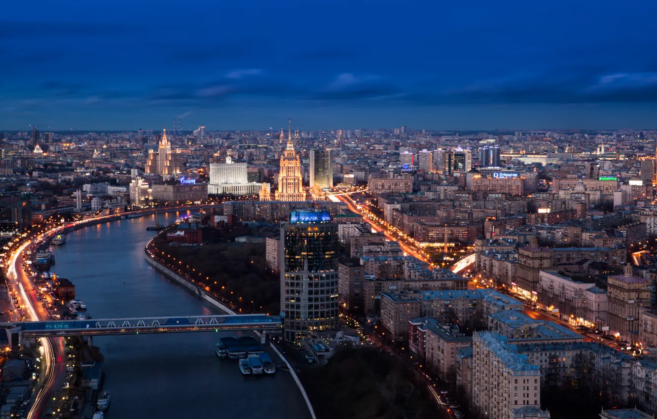 Фото обои ночь, city, lights, огни, Москва, Russia, Moscow, panorama view