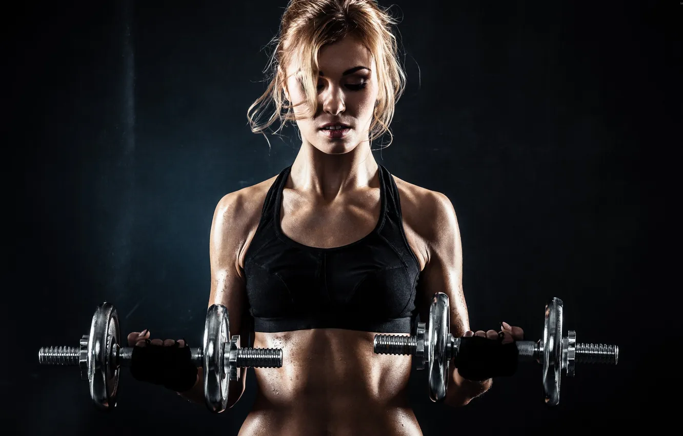 Фото обои girl, sports, fitness, dumbbells