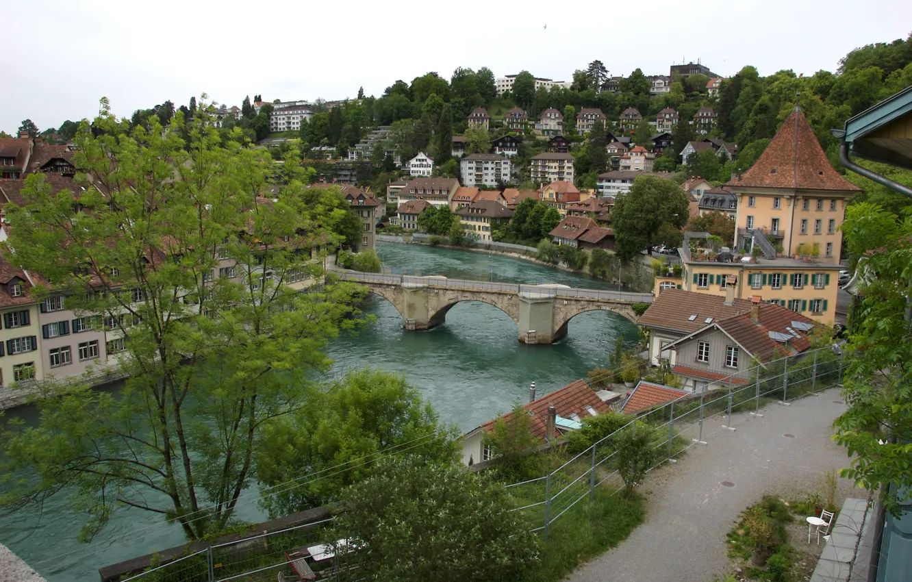 Фото обои небо, деревья, мост, река, дома, Switzerland, Берн, Bern