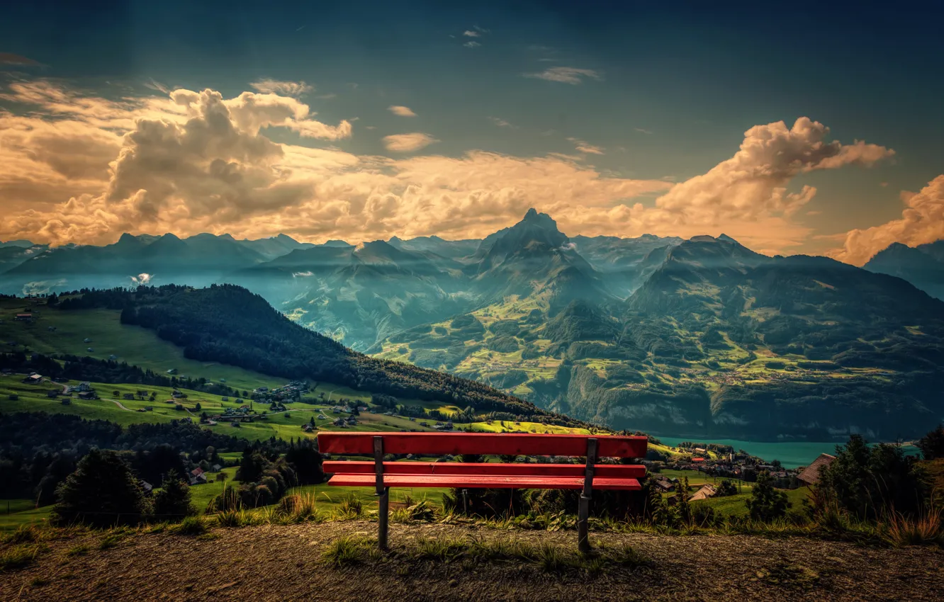 Фото обои пейзаж, горы, вид, красота, обработка, скамья, The red bench
