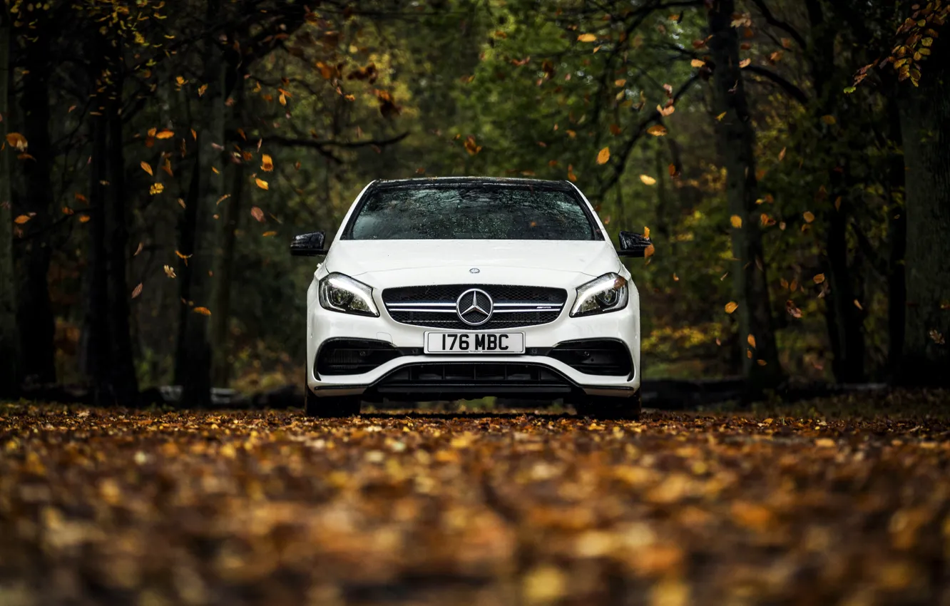 Фото обои осень, белый, листья, Mercedes-Benz, мерседес, AMG, амг, A-class