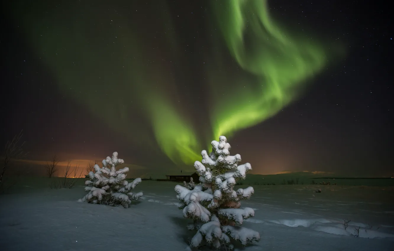 Фото обои зима, звезды, ночь, северное сияние, Aurora Borealis