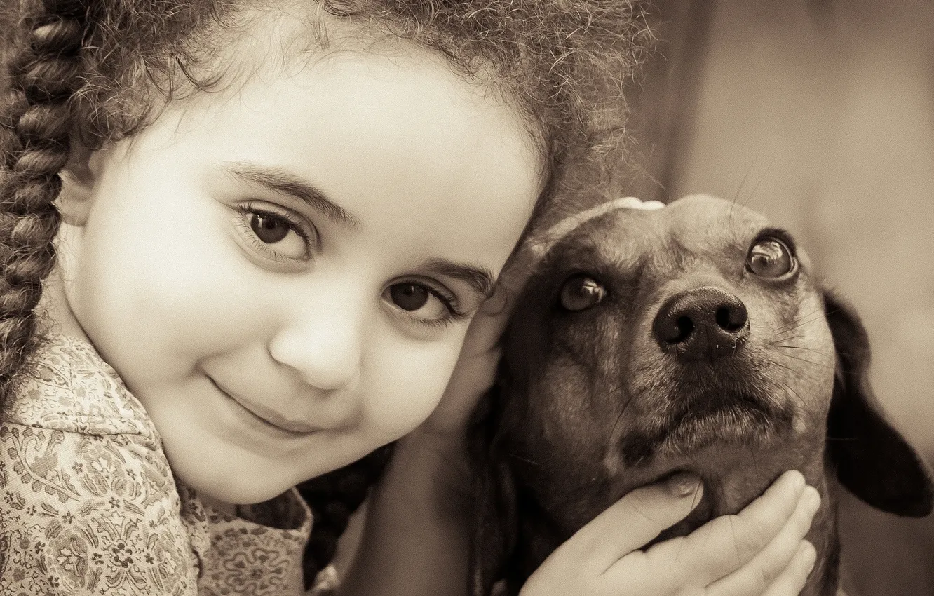 Фото обои улыбка, собака, девочка, такса, друзья