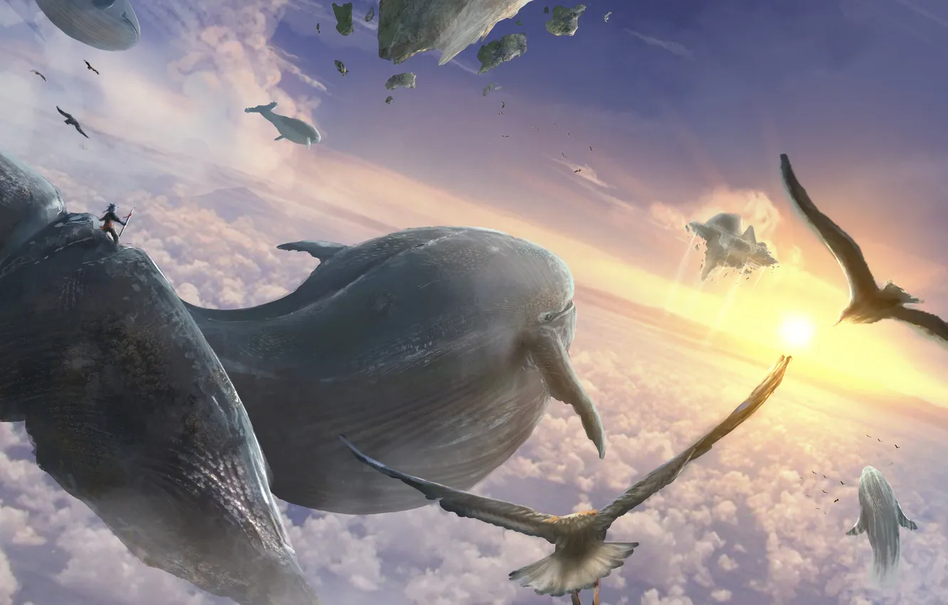 Фото обои небо, облака, киты, летят, flying whales
