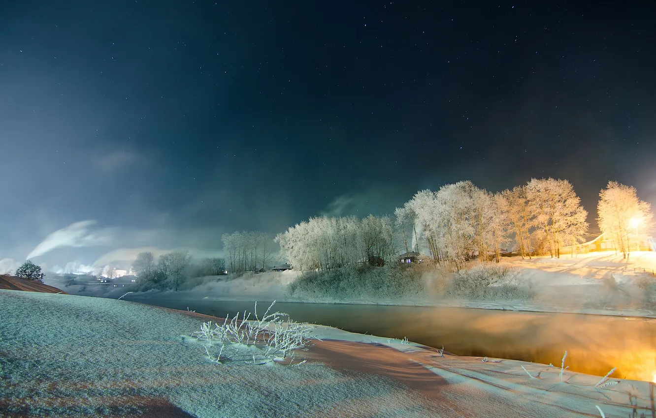 Фото обои зима, иней, снег, река, Ночь