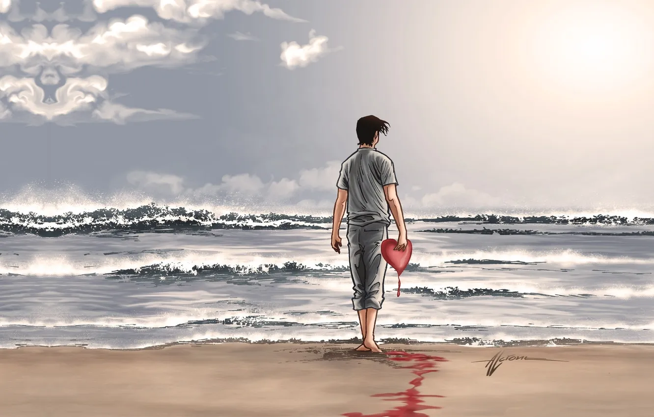 Фото обои пляж, небо, вода, облака, берег, сердце, парень