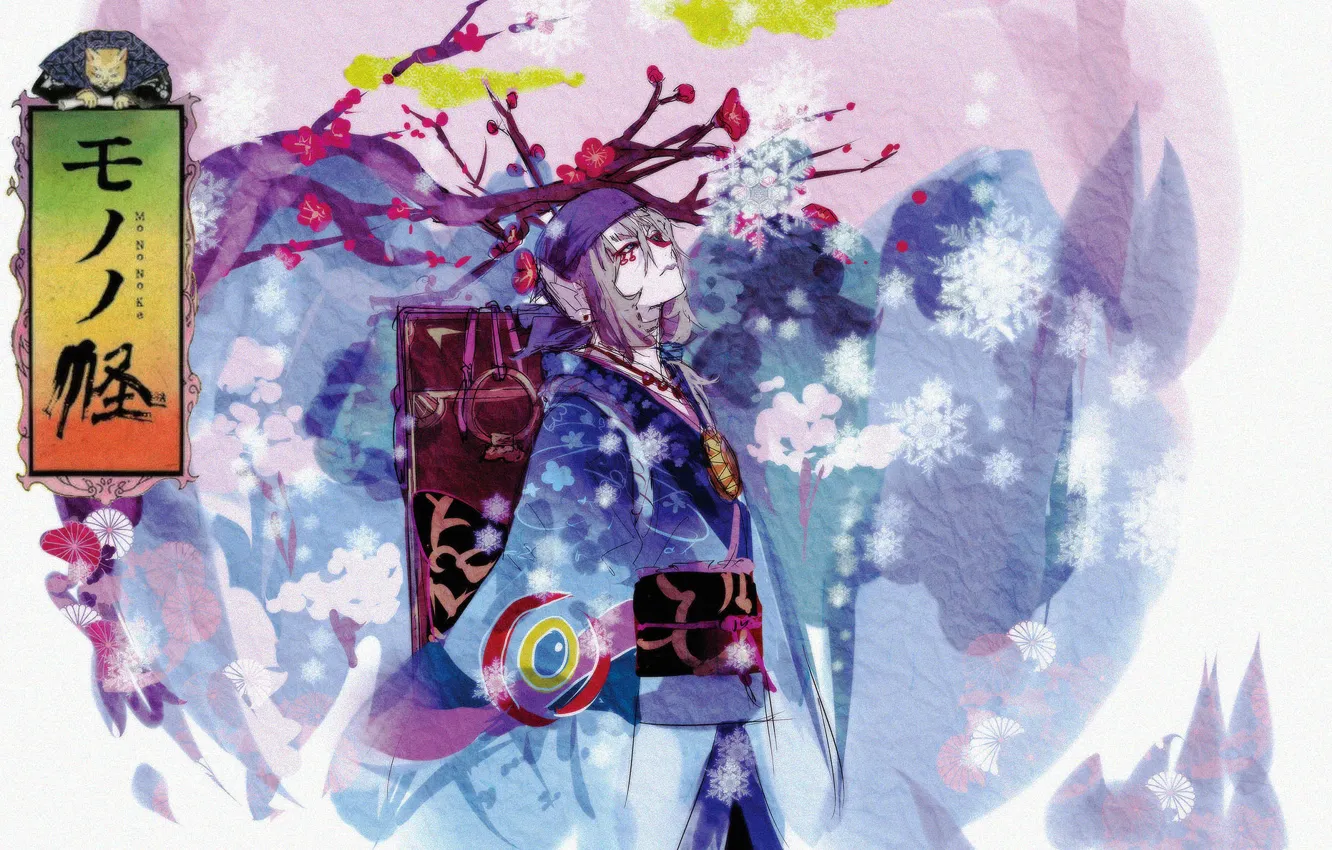 Фото обои цветы, снежинки, дерево, арт, парень, Mononoke, Kusuriuri