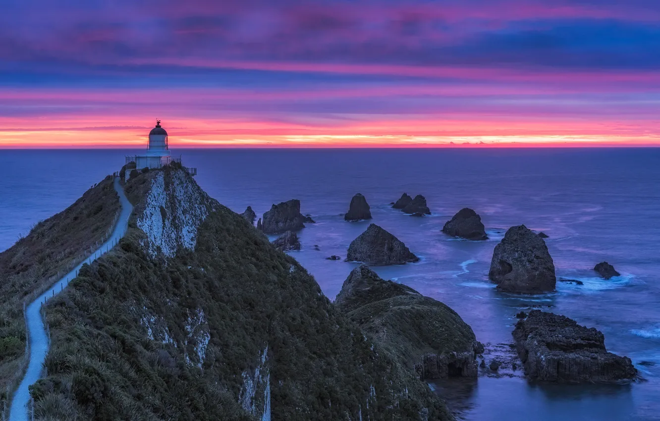 Фото обои море, скалы, маяк, Новая Зеландия, горизонт, зарево, мыс