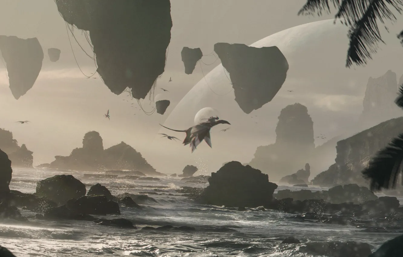 Фото обои море, скалы, планета, полёт, . Avatar Fan art, Pandora Beach