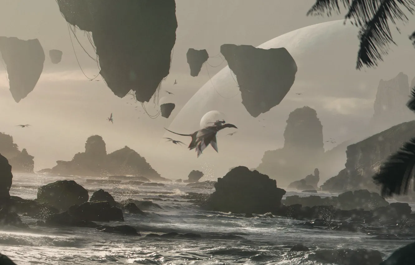 Фото обои море, . Avatar Fan art, Pandora Beach, скалы, планета, полет