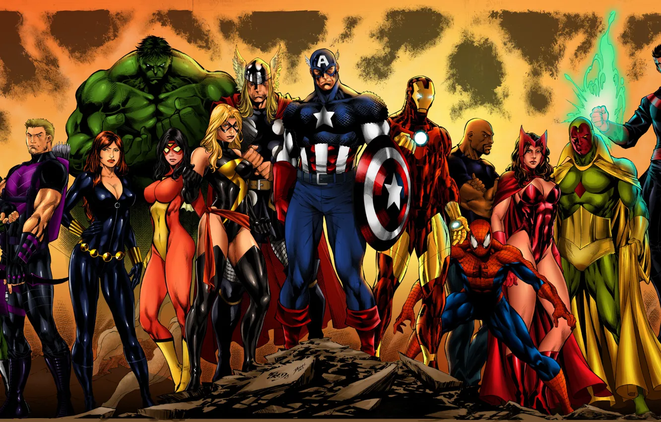 Фото обои Hulk, Iron Man, Captain America, Thor, Black Widow, Spider-Man, Spider-Woman, She-Hulk