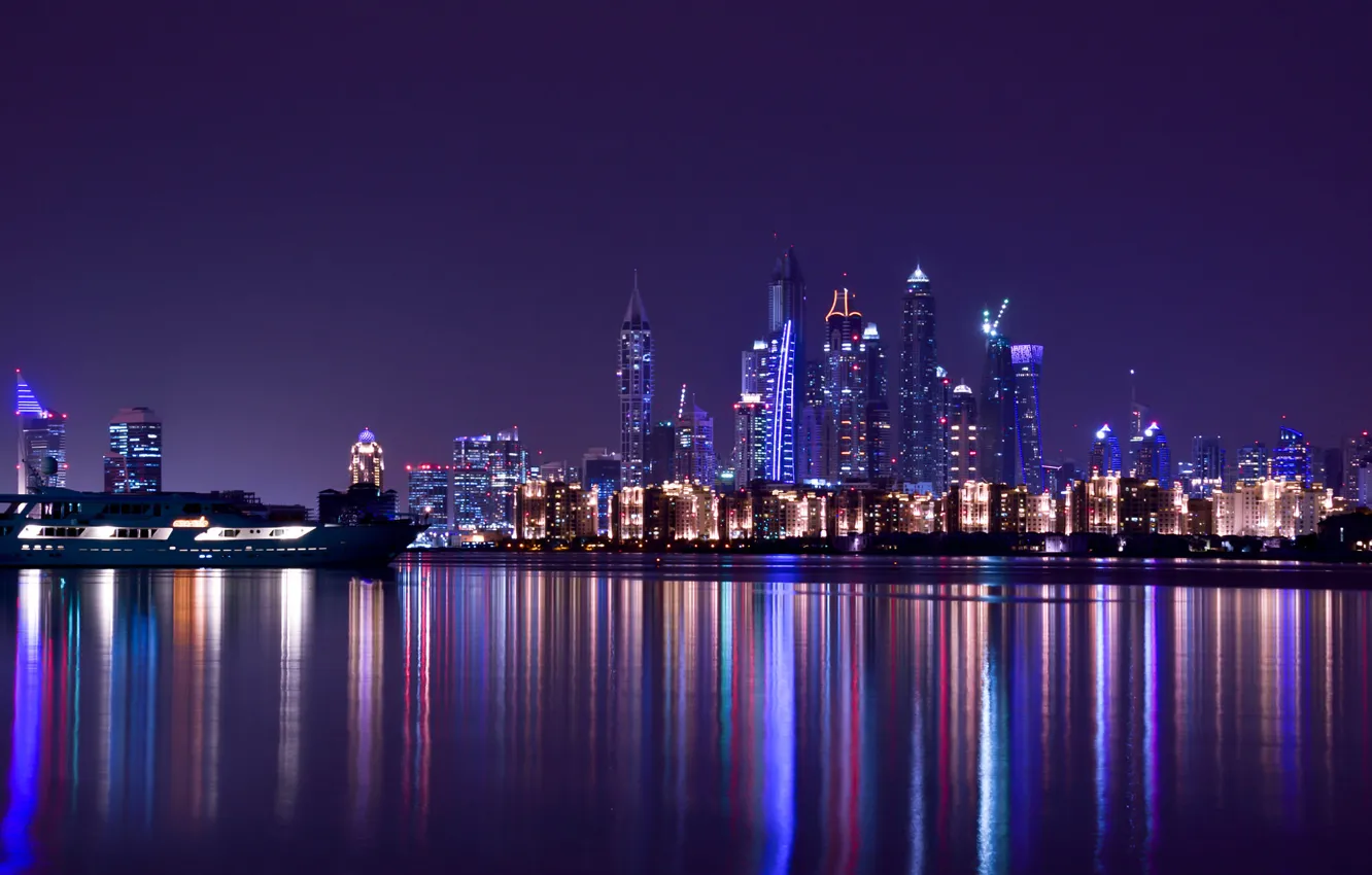 Фото обои City, Light, Purple, Dubai, Night, Emirates, Travel, Scape