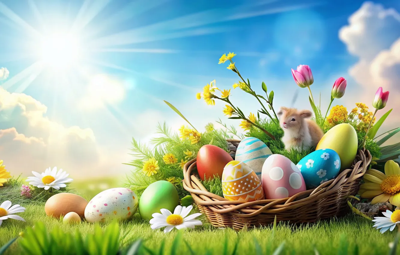 Фото обои цветы, яйца, весна, colorful, Пасха, happy, flowers, spring