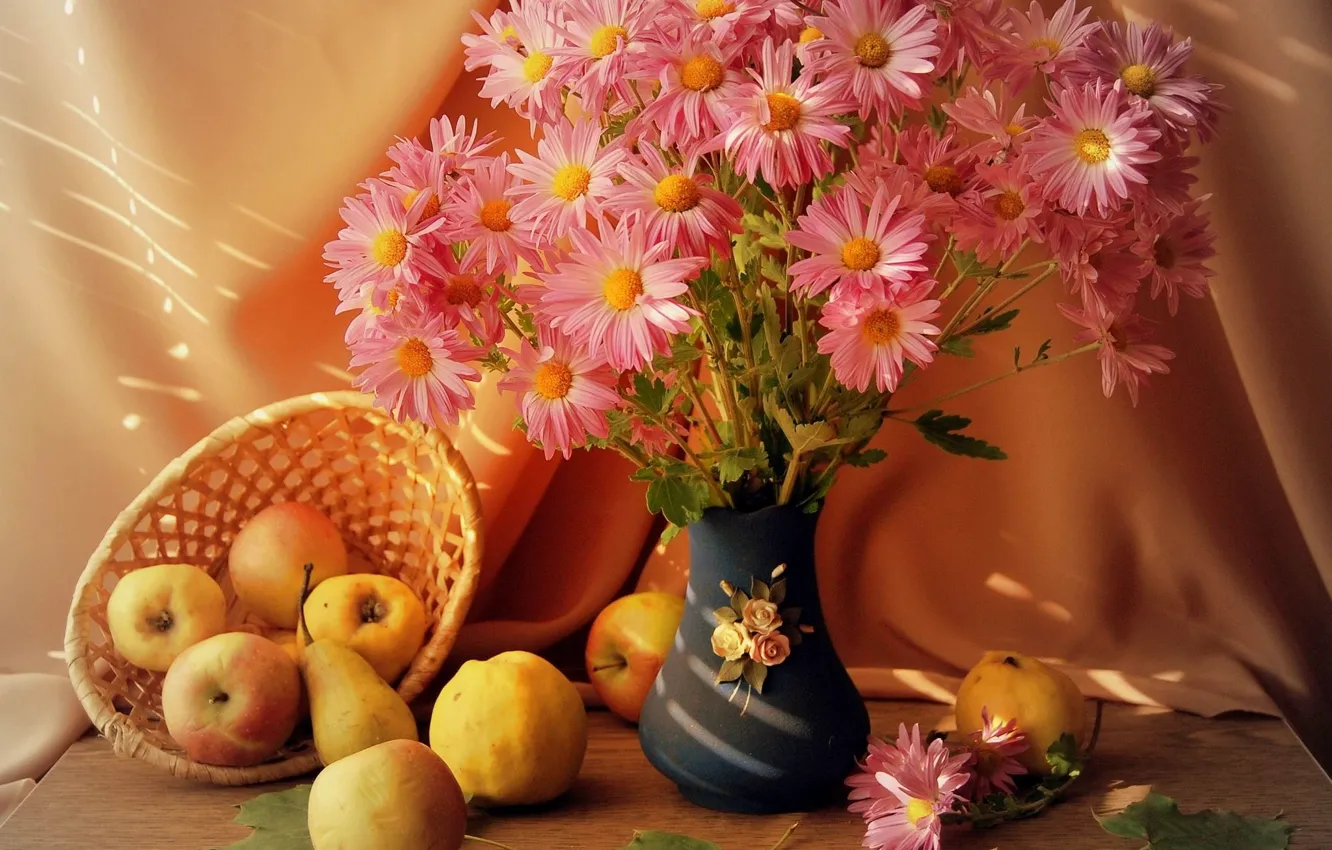 Фото обои цветы, корзина, яблоки, Ваза, фрукты