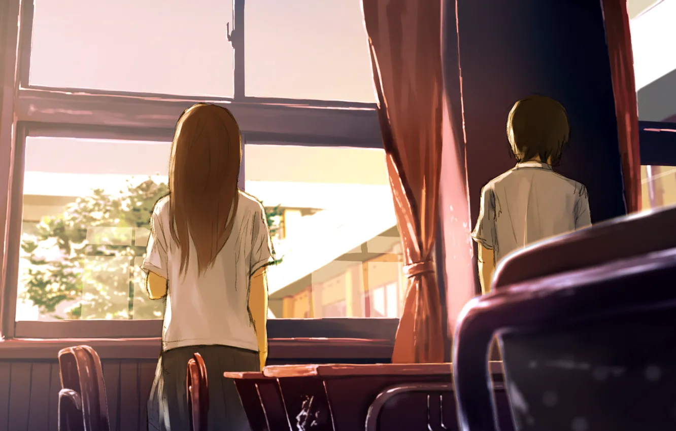 Фото обои девушка, окно, арт, класс, парень, школа, loundraw