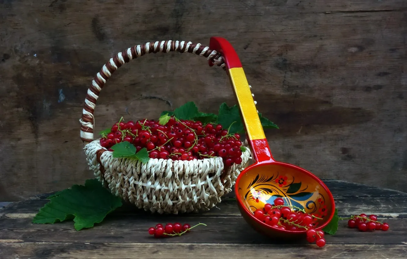 Фото обои корзина, смородина, красные ягоды, композиция