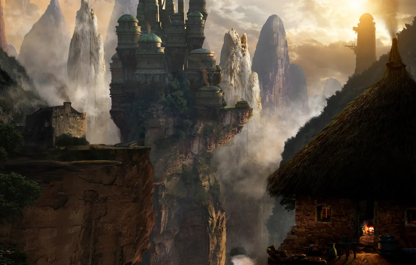 Фото обои закат, горы, туман, замок, скалы, огонь, водопад, башни