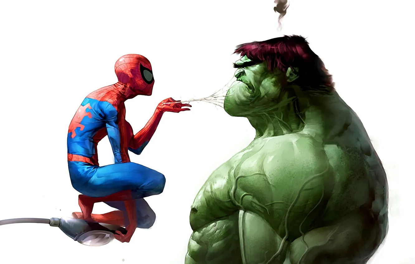 Фото обои паутина, арт, фонарь, Халк, Hulk, Marvel, Человек-паук, Spider-Man
