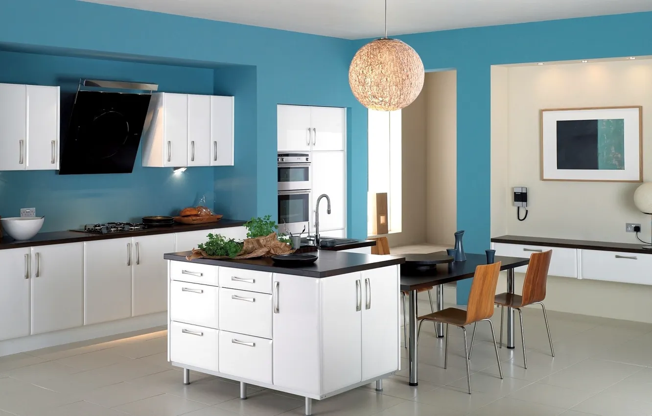Фото обои дизайн, голубой, стулья, интерьер, холодильник, кухня, плита, люстра