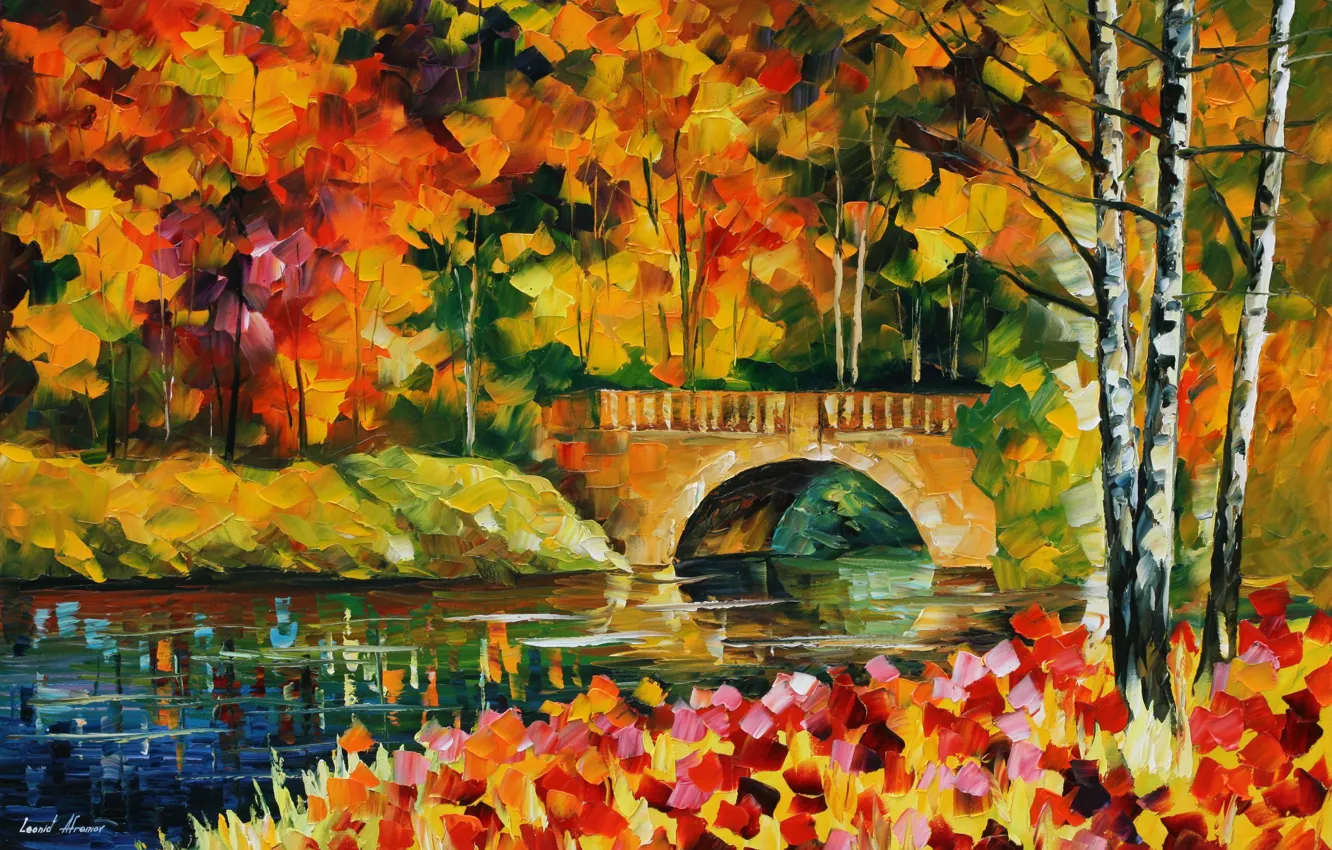 Фото обои осень, листья, вода, деревья, мост, речка, живопись, Leonid Afremov