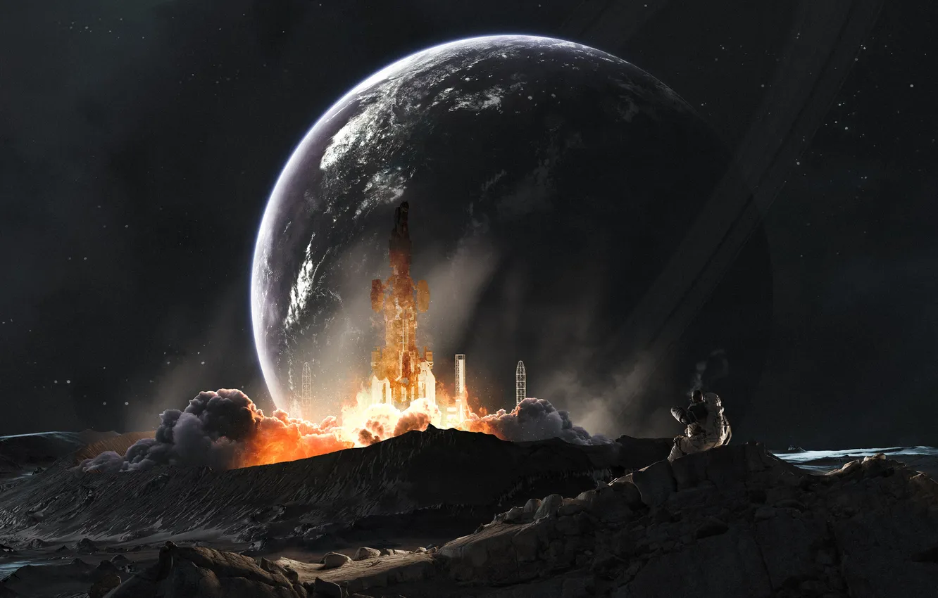Фото обои Moon, Space, Space shuttle, Surrealism, Astronaut, Space Travel, Rocket launch, Space flight