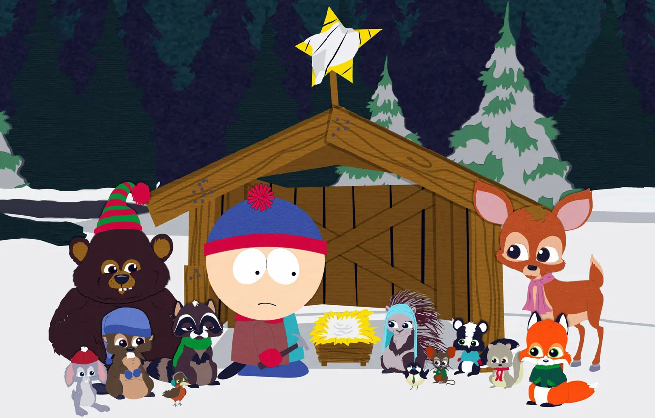 Фото обои Рождество, Южный парк, South Park, Стэн, лесные зверята, Woodland Critter Christmas
