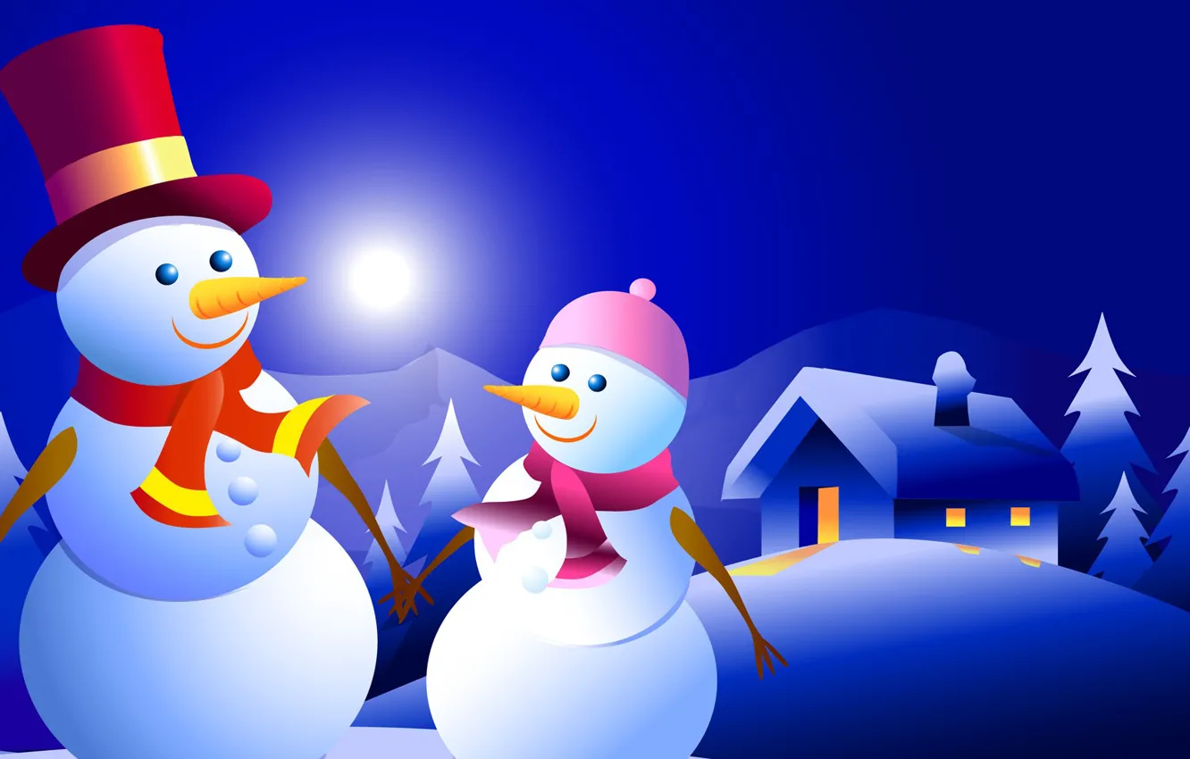 Фото обои зима, ночь, новый год, рождество, вектор, домик, снеговик