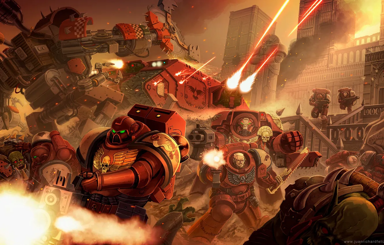 Фото обои space marines, orcs, tank, Warhammer 40 000, Blood Ravens, terminator armor