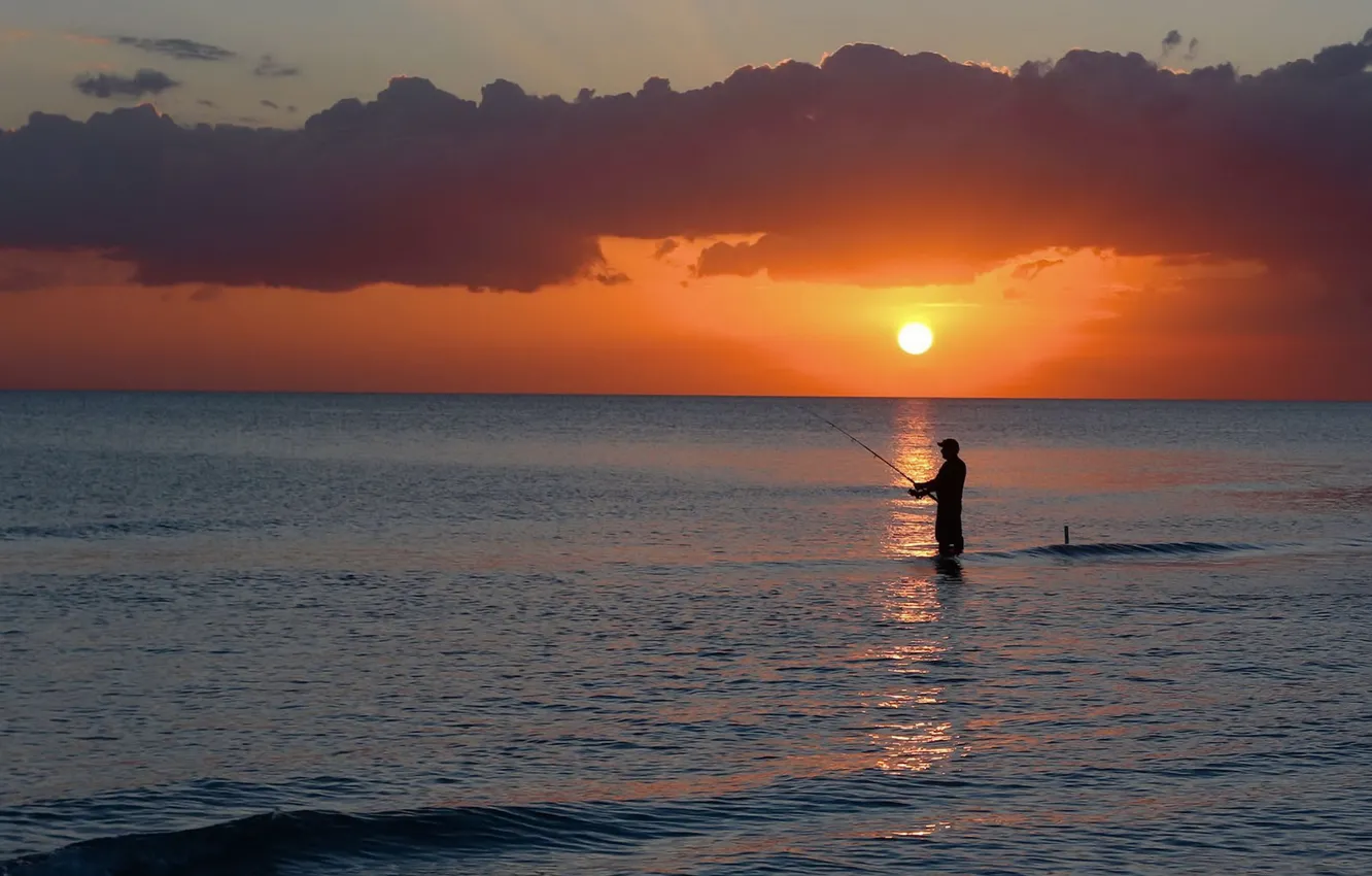 Фото обои море, закат, рыбак
