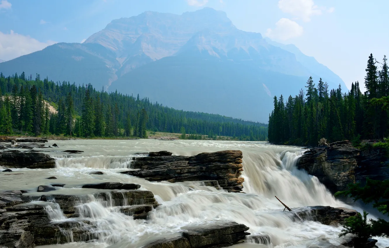Фото обои река, скалы, гора, водопад, Канада, Альберта, Jasper, Атабаска