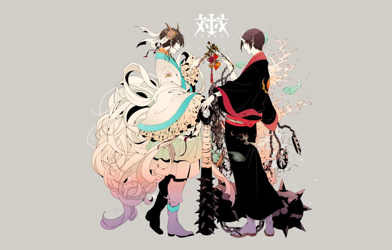 Фото обои фон, парни, демоны, рог, Hoozuki no Reitetsu, Хозуки, Хладнокровный Хозуки, Хакутаку