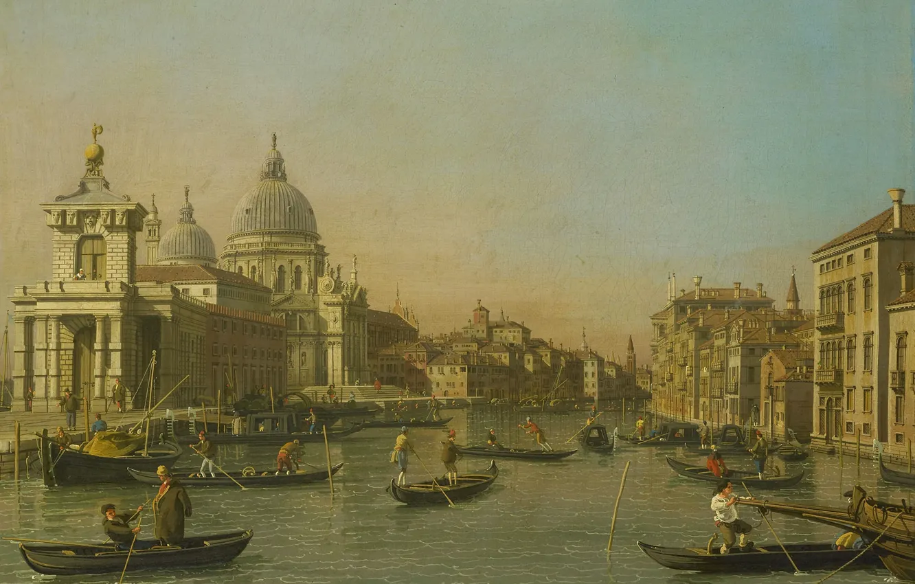 Фото обои лодка, картина, Венеция, гондола, городской пейзаж, Каналетто, Вход в Гранд-Канал