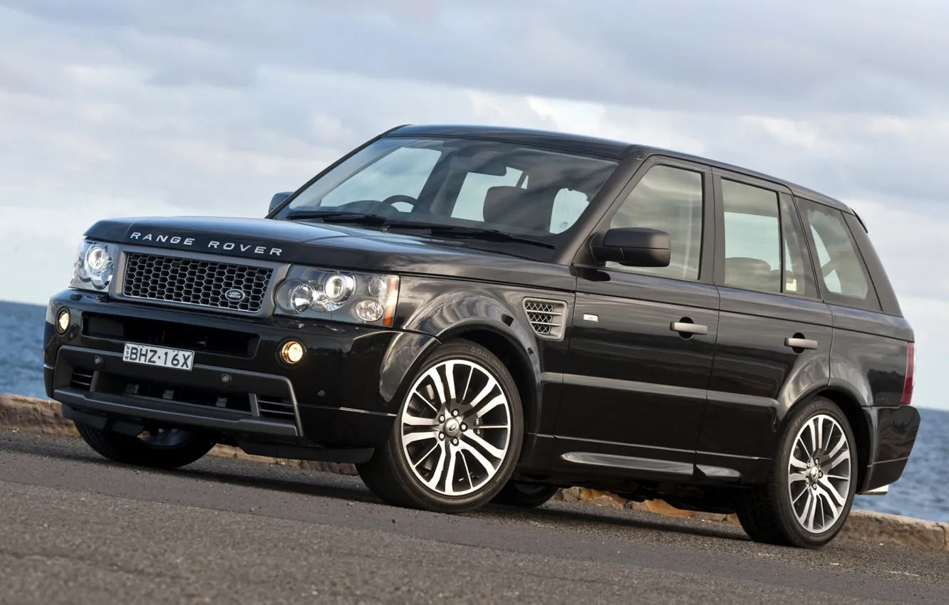 Фото обои небо, чёрный, Спорт, джип, Land Rover, Range Rover, передок, Sport