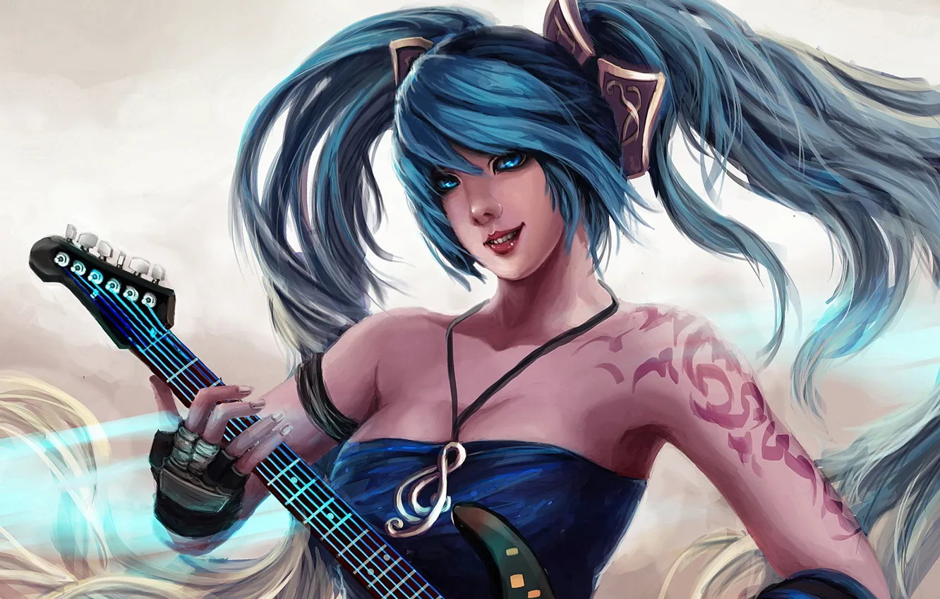 Фото обои девушка, гитара, арт, синие волосы, League of Legends, sona, Maven of the Strings