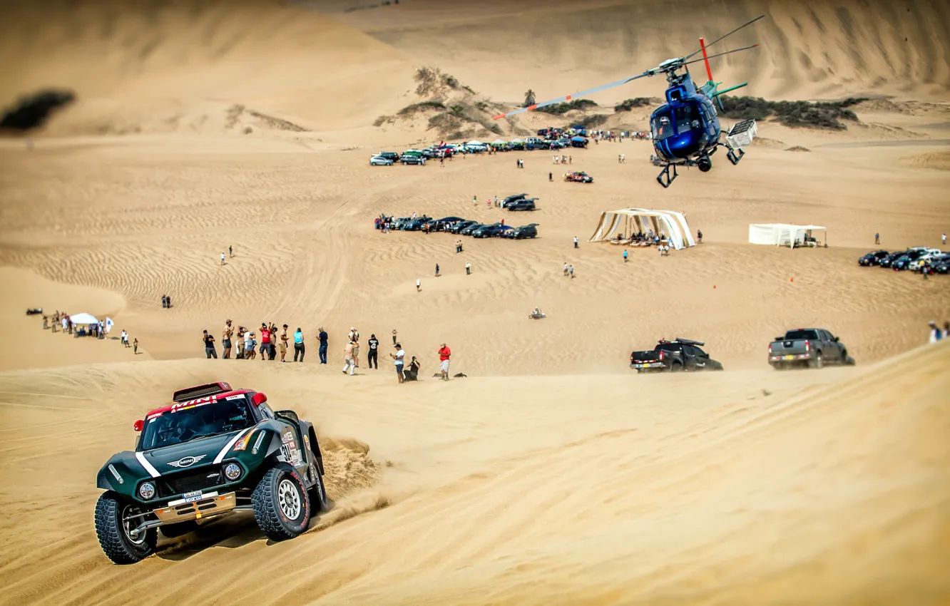 Фото обои Песок, Mini, Спорт, Пустыня, Скорость, Вертолет, Rally, Dakar