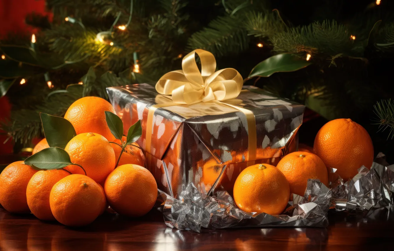 Фото обои листья, ветки, стол, коробка, подарок, блеск, апельсины, Рождество