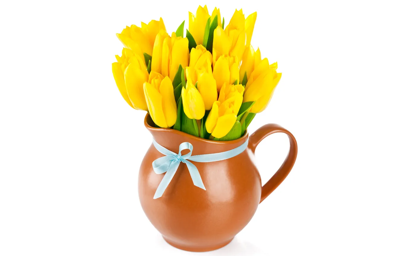 Фото обои букет, желтые, тюльпаны, кувшин, бант, flowers, tulips