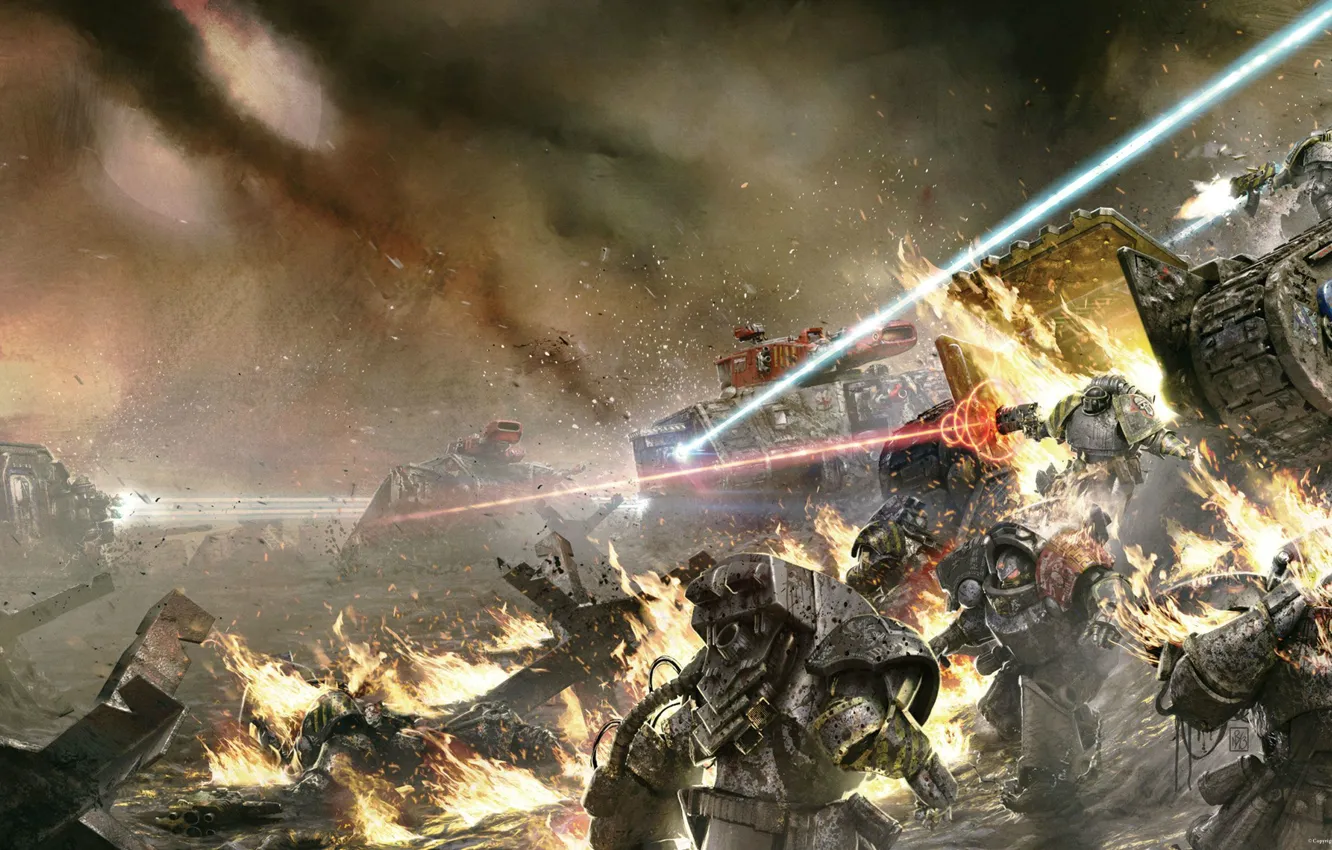 Фото обои fire, Horus Heresy, Warhammer 40000, space marine, terminator, tanks, Iron Warriors, land raider