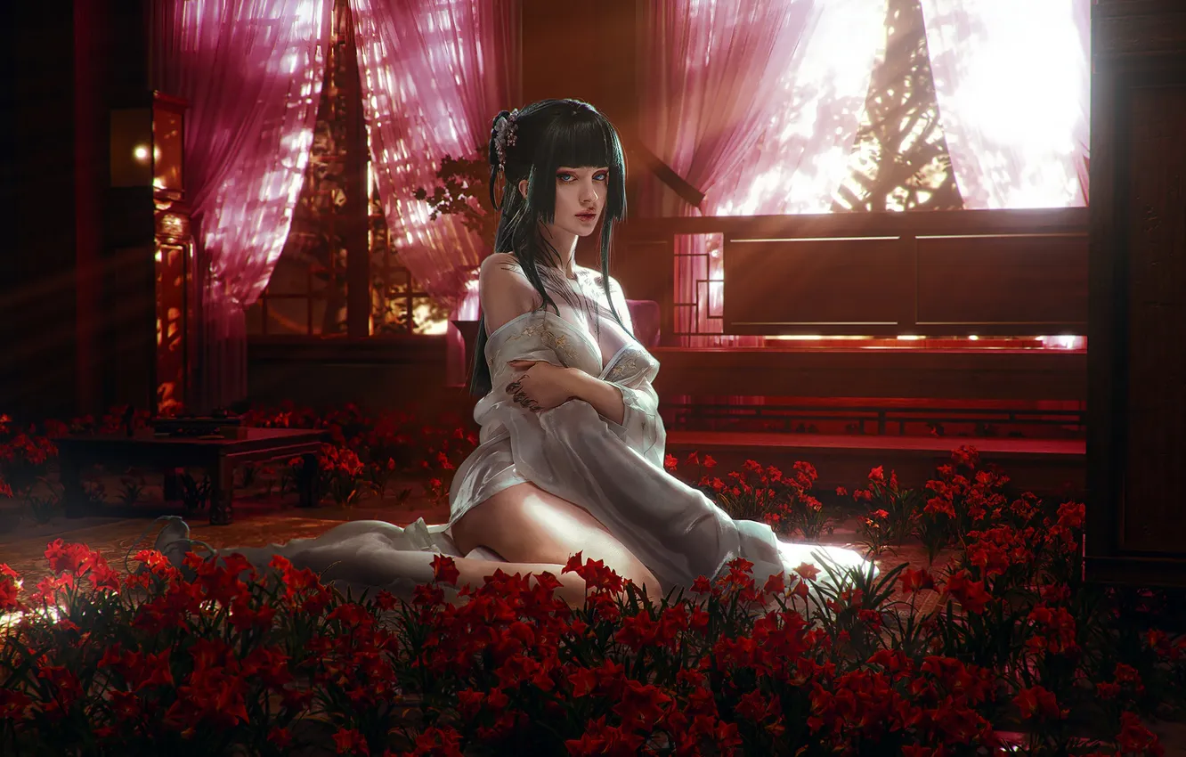 Фото обои девушка, anime, flowers, model, tattoo, brunette, Xenon, anime girls