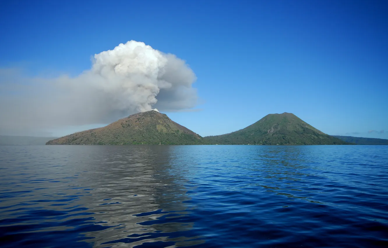 Фото обои дым, остров, вулкан, извержение