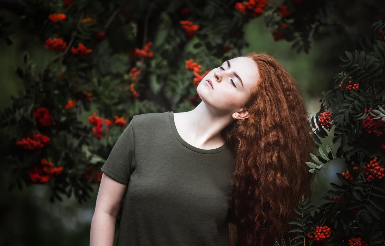 Фото обои осень, листья, девушка, деревья, ветки, природа, поза, ягоды