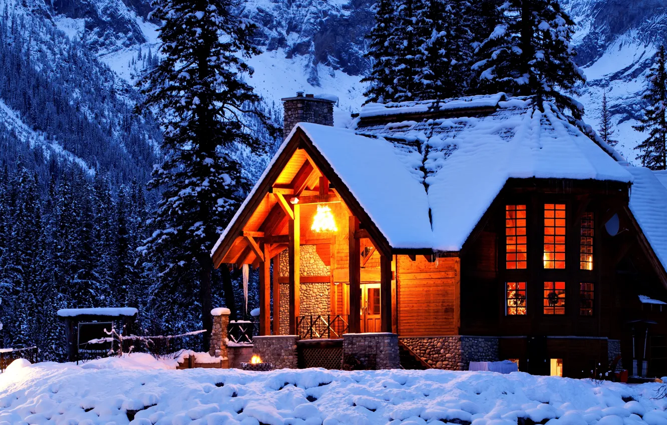 Фото обои зима, свет, снег, деревья, горы, ночь, природа, дом