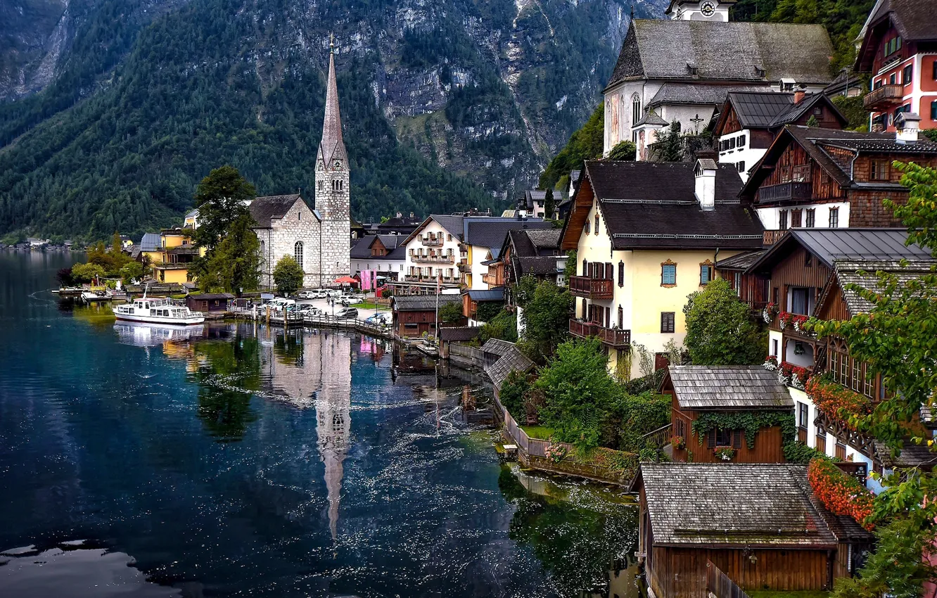 Фото обои горы, озеро, дома, Австрия, Альпы, Austria, Hallstatt, Alps