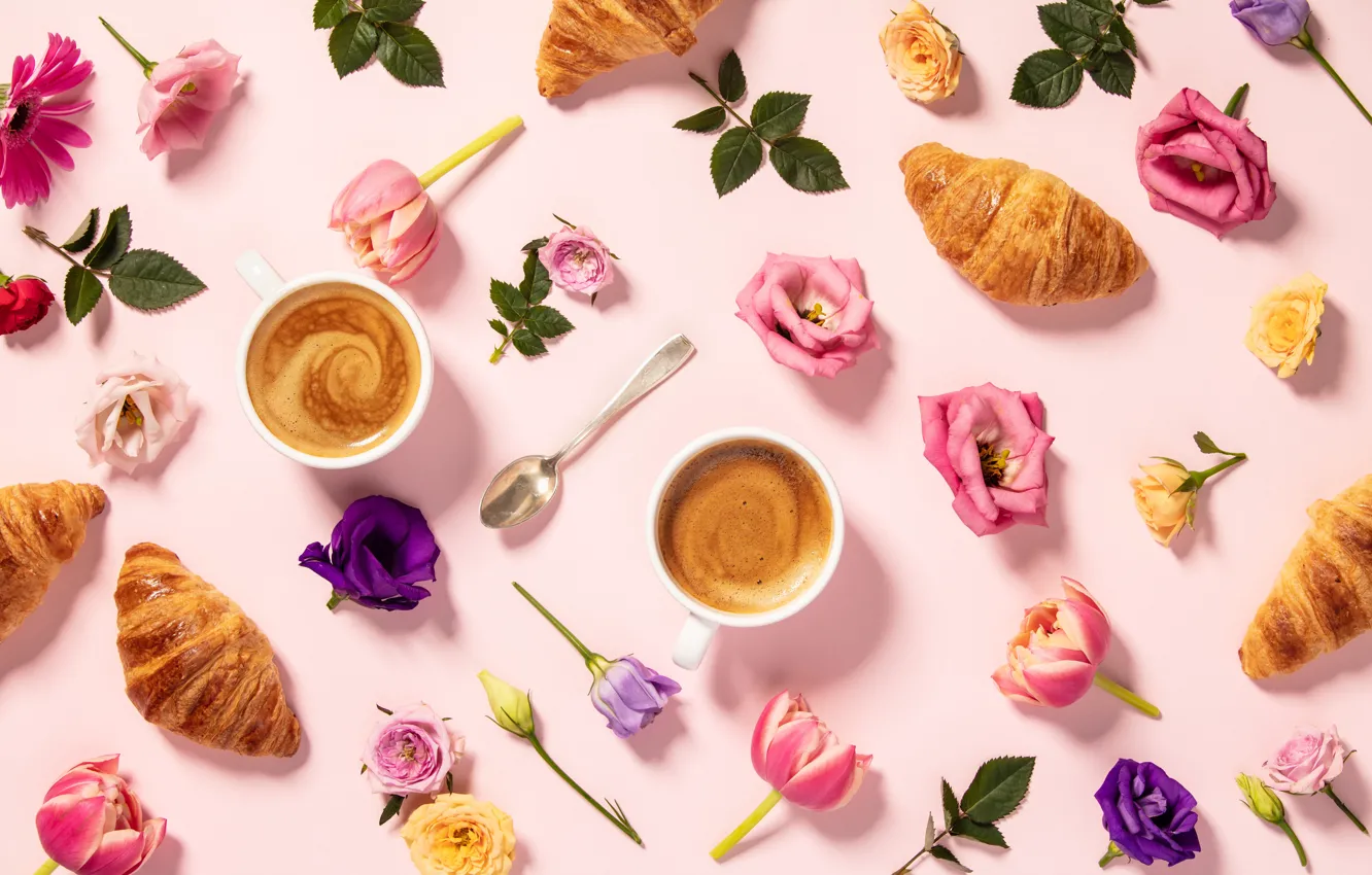 Фото обои цветы, кофе, утро, чашки, круассаны, Natalia Klenova