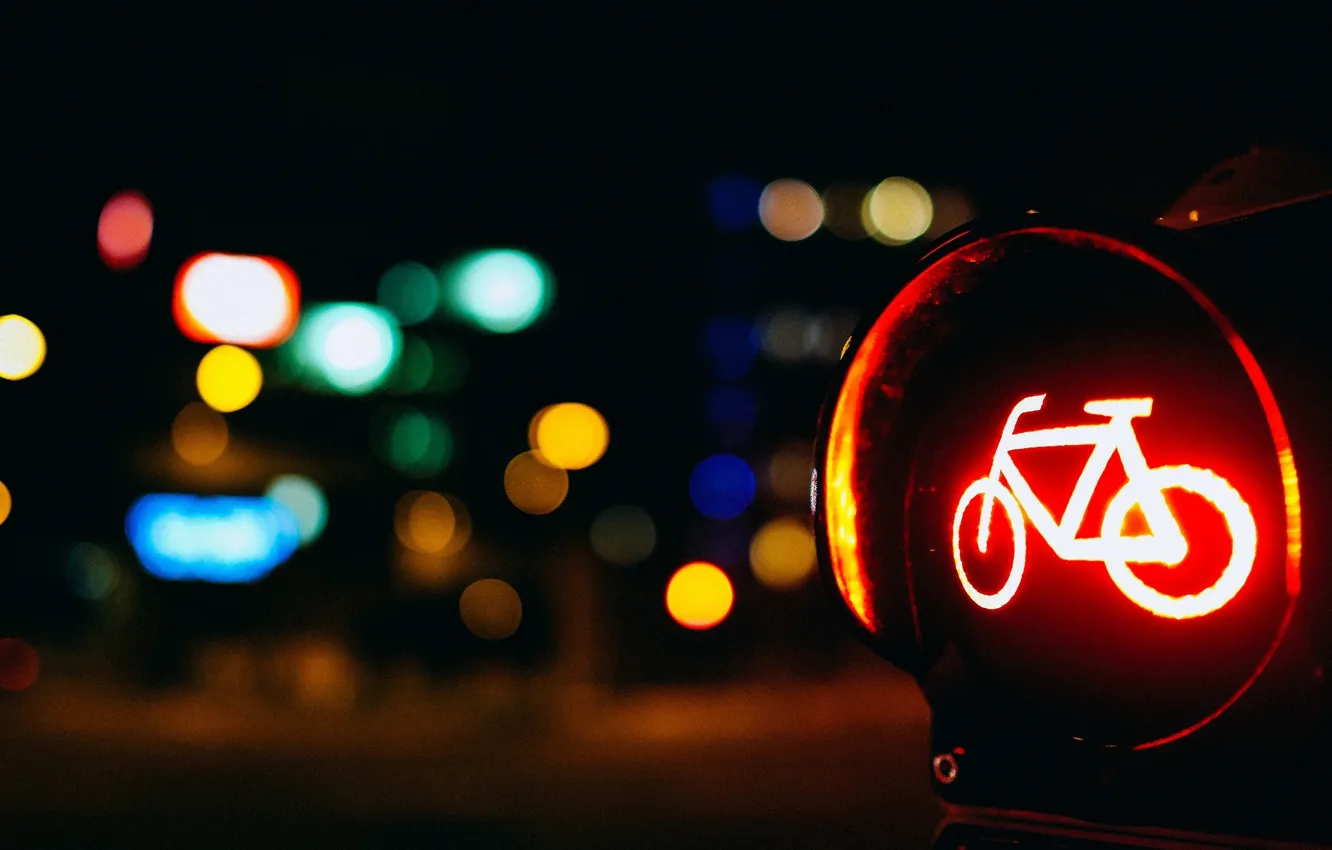 Фото обои дорога, макро, красный, велосипед, огни, фон, обои, размытие