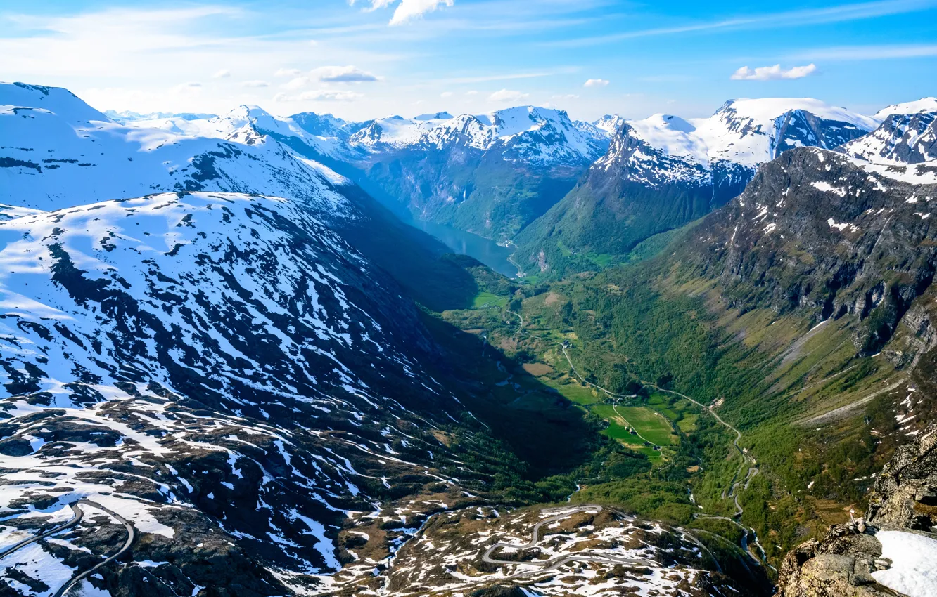 Фото обои Природа, Горы, Снег, Норвегия, Пейзаж, Гейрангер-фьорд, Далснибба